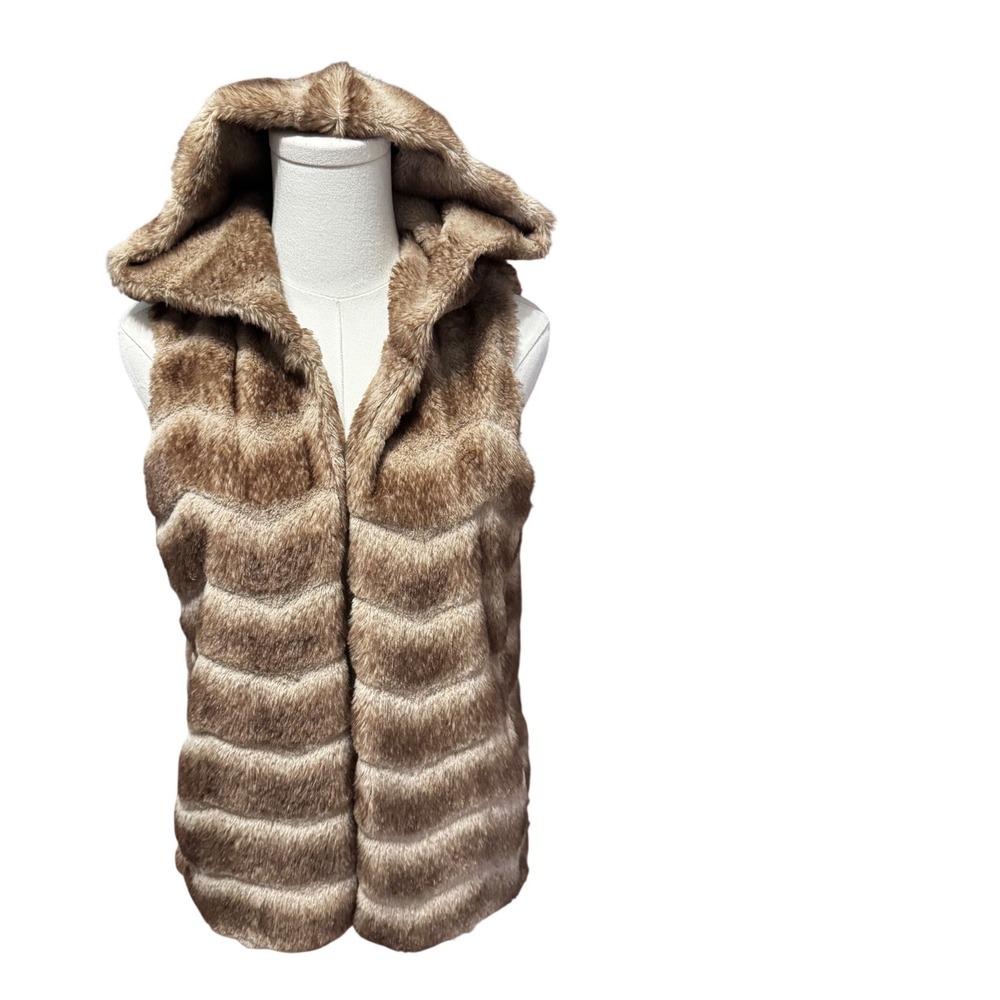 Lavender Brown Coco Brown Hooded Faux Fur Chevron Vest ANS 7365 XS New